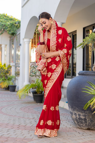 Heavy Embroidered  & Heavy Zarkan Diamond Work Royal Red Color Premium Fendy Silk Saree