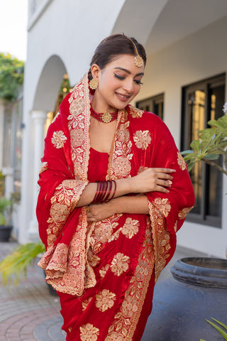 Heavy Embroidered  & Heavy Zarkan Diamond Work Royal Red Color Premium Fendy Silk Saree