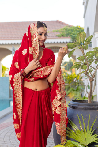 Heavy Embroidered  & Heavy Zarkan Diamond Work Royal Red Color Premium Fendy Silk Saree