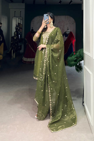 Olive Green Gold Coin Sequins Tread Embroidery Work Ethnic Dress