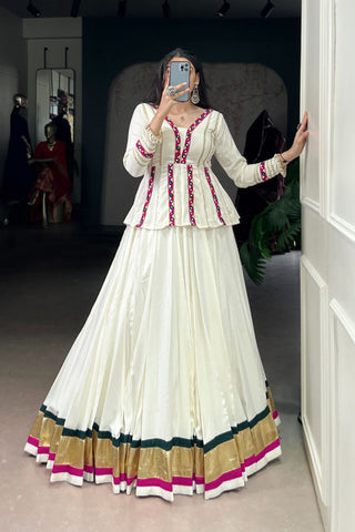 White Designer Original Mirror Gamthi Work Navratri Lehenga Choli