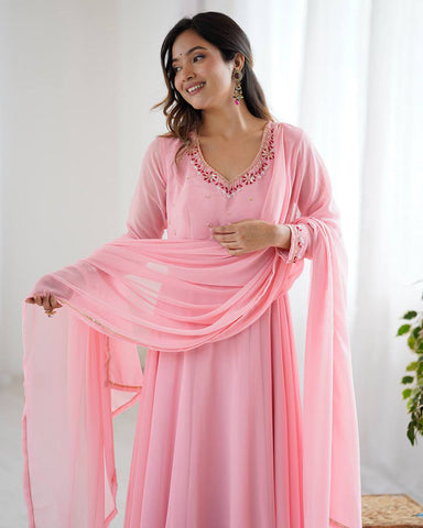 Baby Pink Color Georgette Three Piece Anarkali Suit