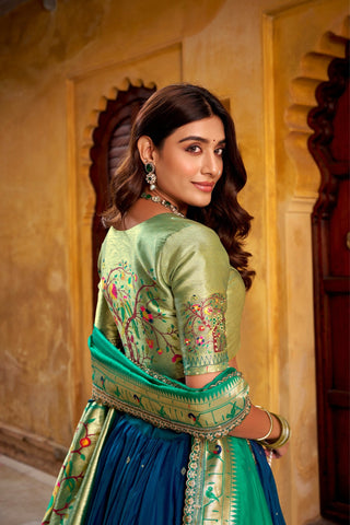 Designer Premium Paithani Soft Silk Zari Weaving Sequins With Thread Embroidery Lehenga Set