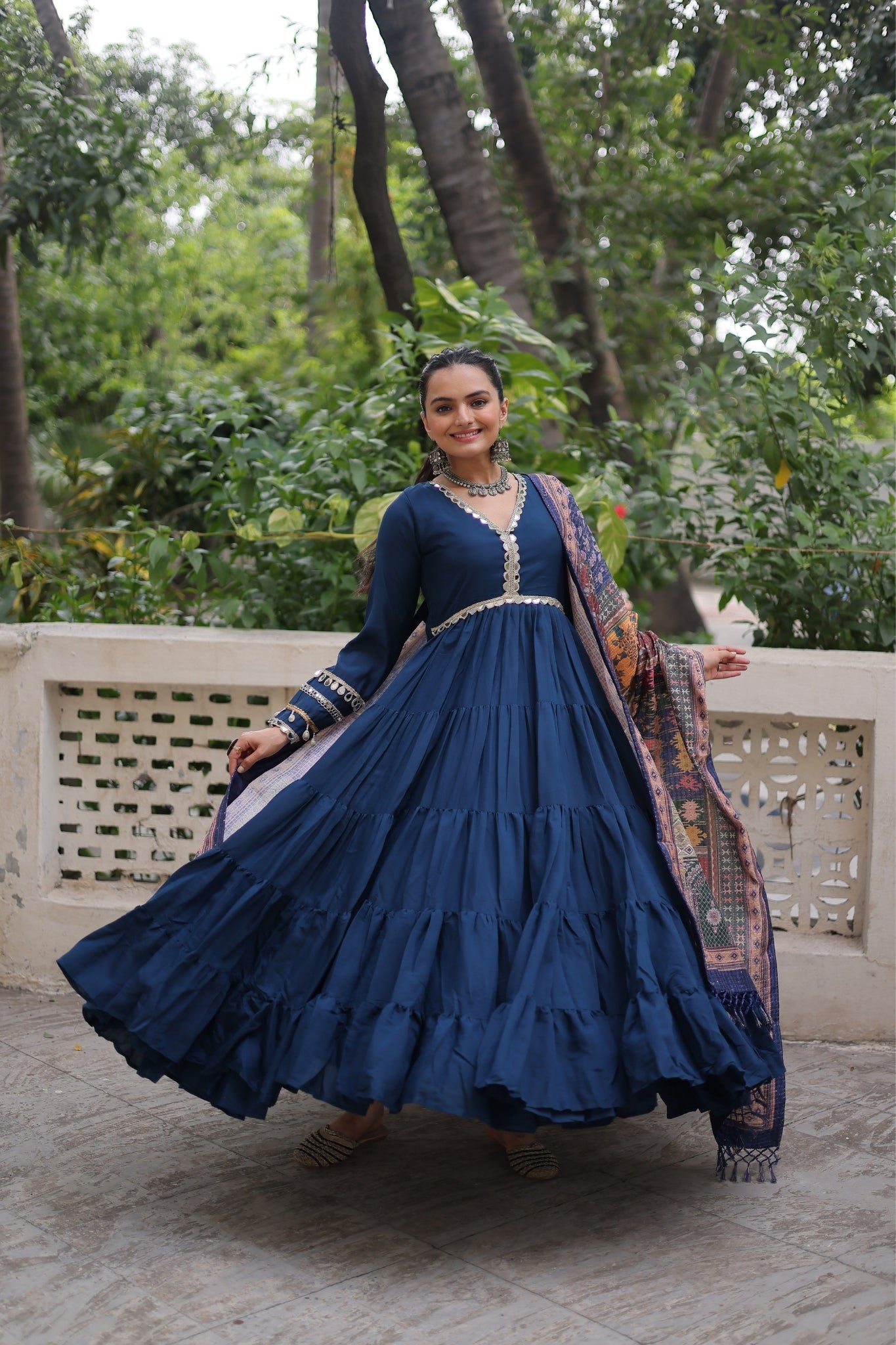 Beautiful Frill Stitching Designer Festival And Wedding Gown And Dupatta Set