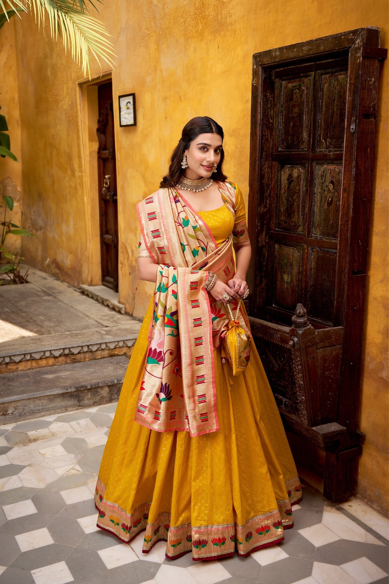 Designer Silk Paithani Lehenga Choli Set With Zari Weaving