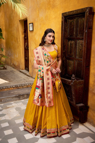 Designer Silk Paithani Lehenga Choli Set With Zari Weaving