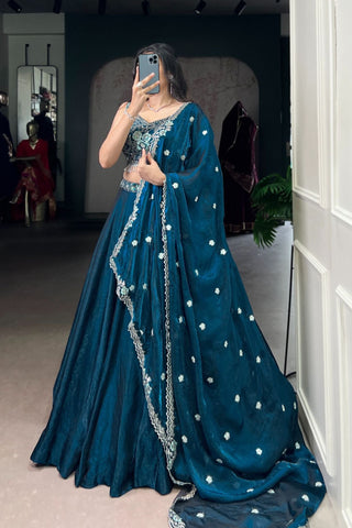 Peacock Color Beautiful Sequins And Tread Embroidered Lehenga Choli