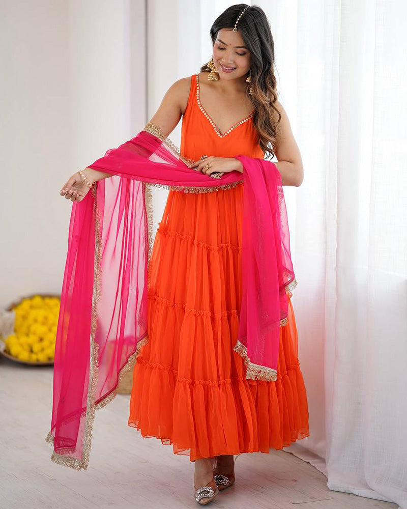 Orange Color Georgette Chiffon Three Piece Anarkali Suit