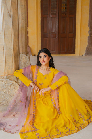 Radiant Yellow Embroidered Georgette Anarkali Gown With Contrasting Dupatta