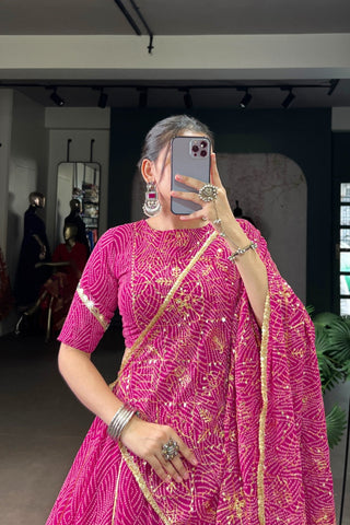 Vibrant Bandhej Print Designer Georgette With Mirror Work Lehenga Choli Set For Wedding And Navratri