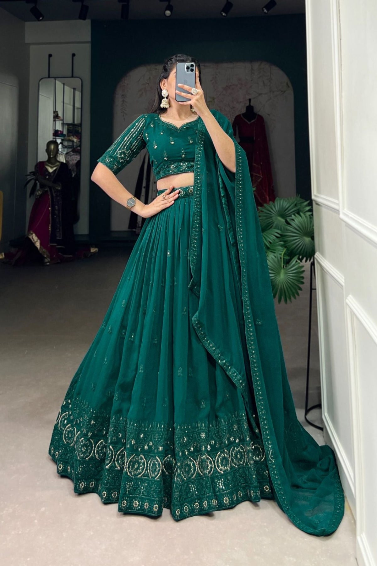 Blue Green Sequins With Thread Embroidery Work Wedding Lehenga Choli