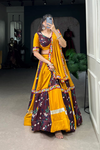 Rayon With Printed Silk Original Mirror Gamthi Work Lehenga Choli For Navratri