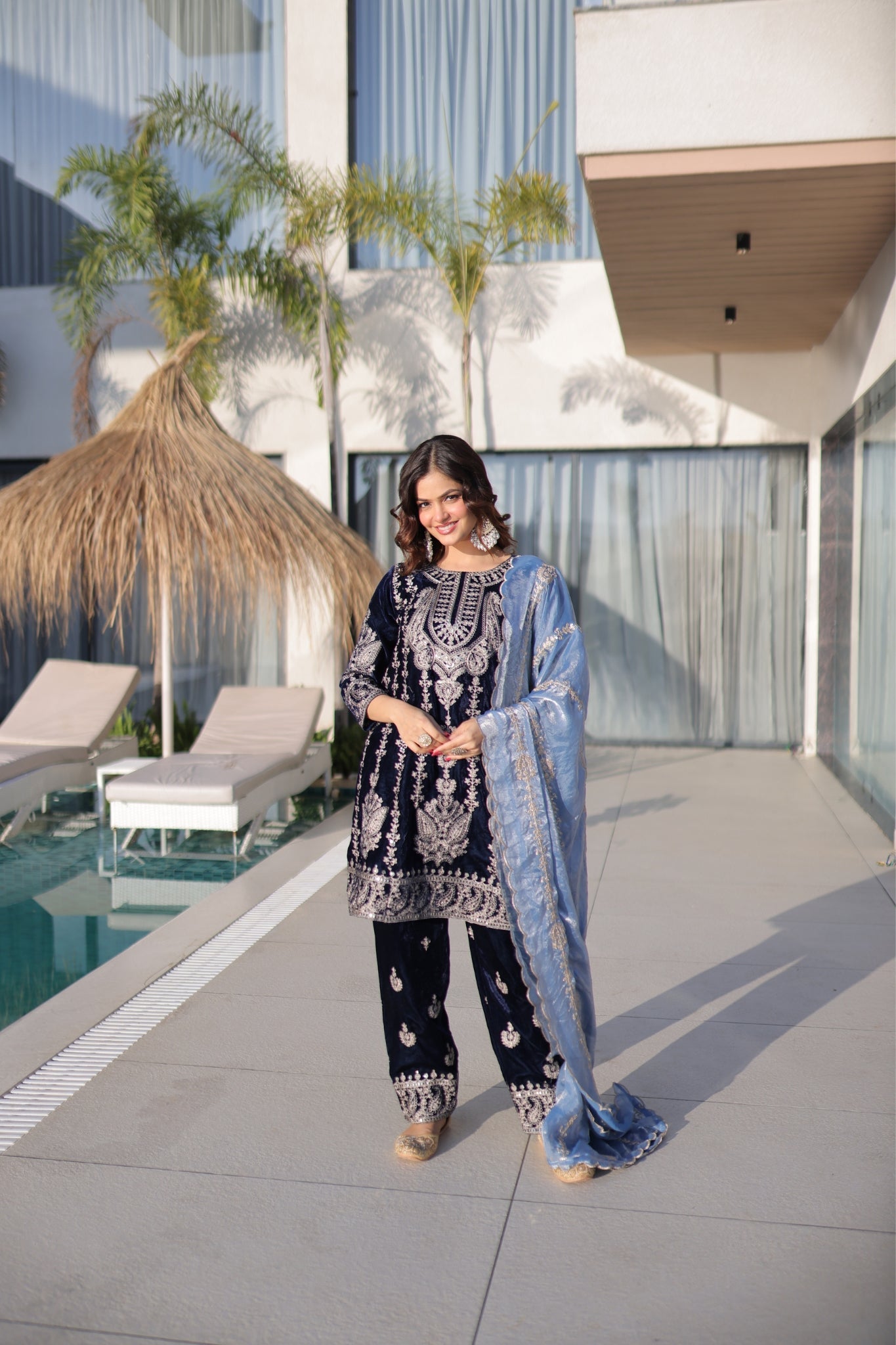Luxury Designer Velvet Zari Embroidered Suit Set With Fendi Dupatta