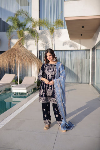 Luxury Designer Velvet Zari Embroidered Suit Set With Fendi Dupatta