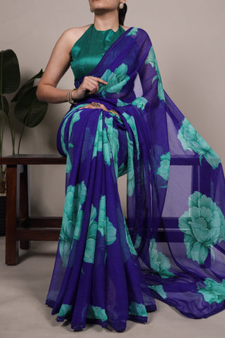 Floral Chiffon Saree With Lace Border Explore Acriine Ethnic Collection