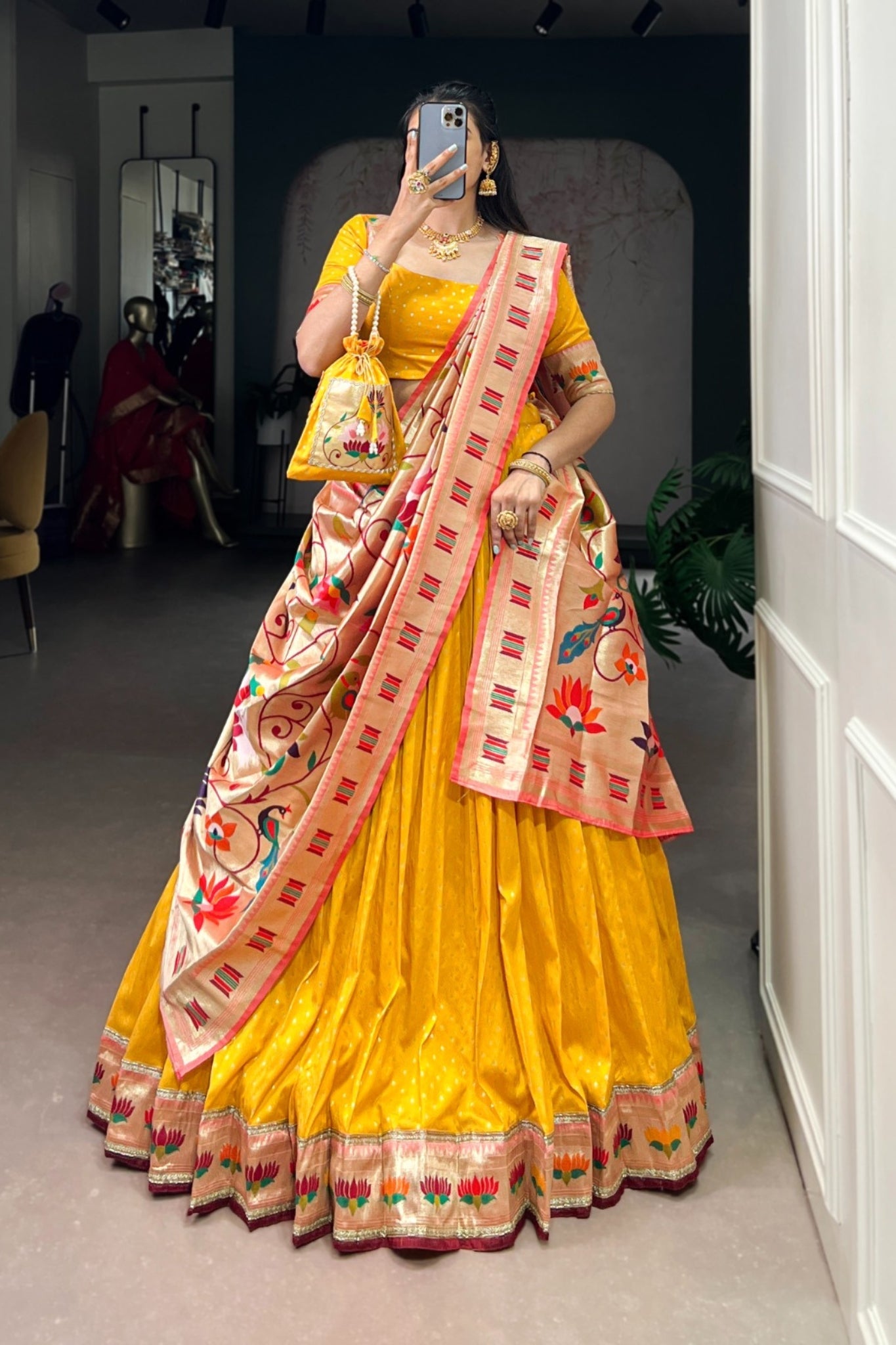Designer Silk Paithani Lehenga Choli Set With Zari Weaving