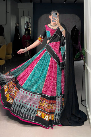 Navratri Special Pure Rayon Lehenga Choli With Ajrakh Print, Gamthi & Gota Patti Work