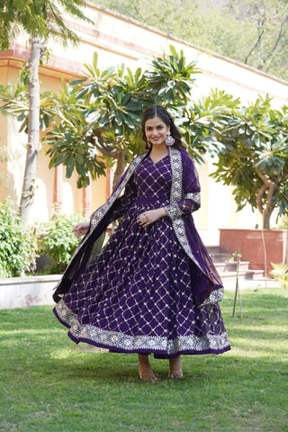 Purple Readymade Sequins Embroidered Work Gown With Dupatta Set