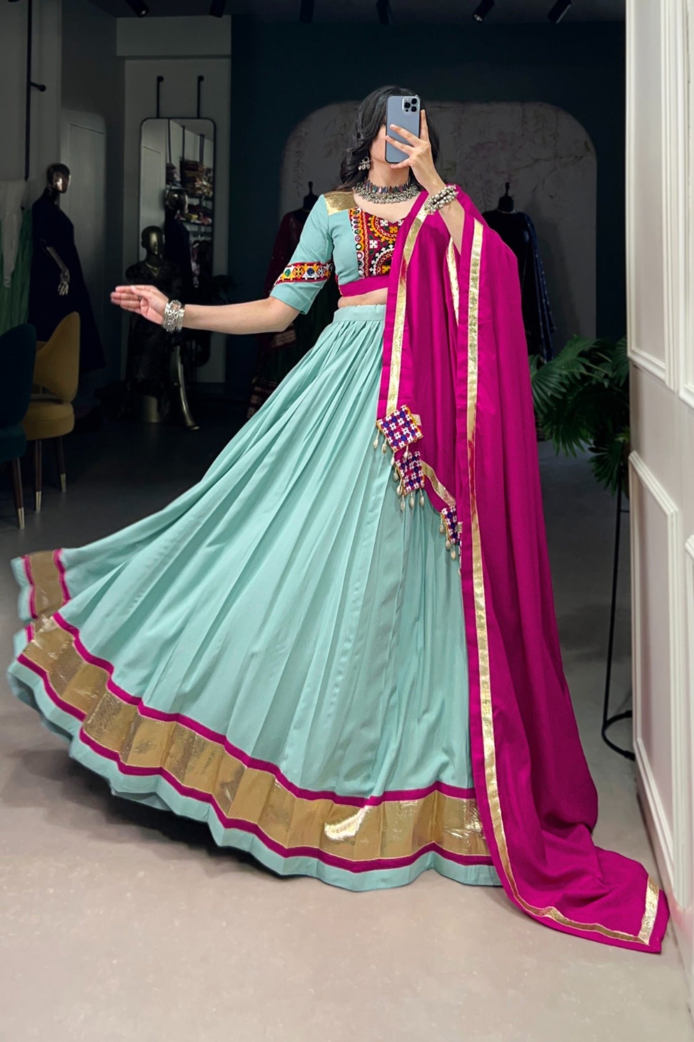 See Green Stunning Embossed Design Mirror Gamthi Work Readymade Navratri lehenga Choli