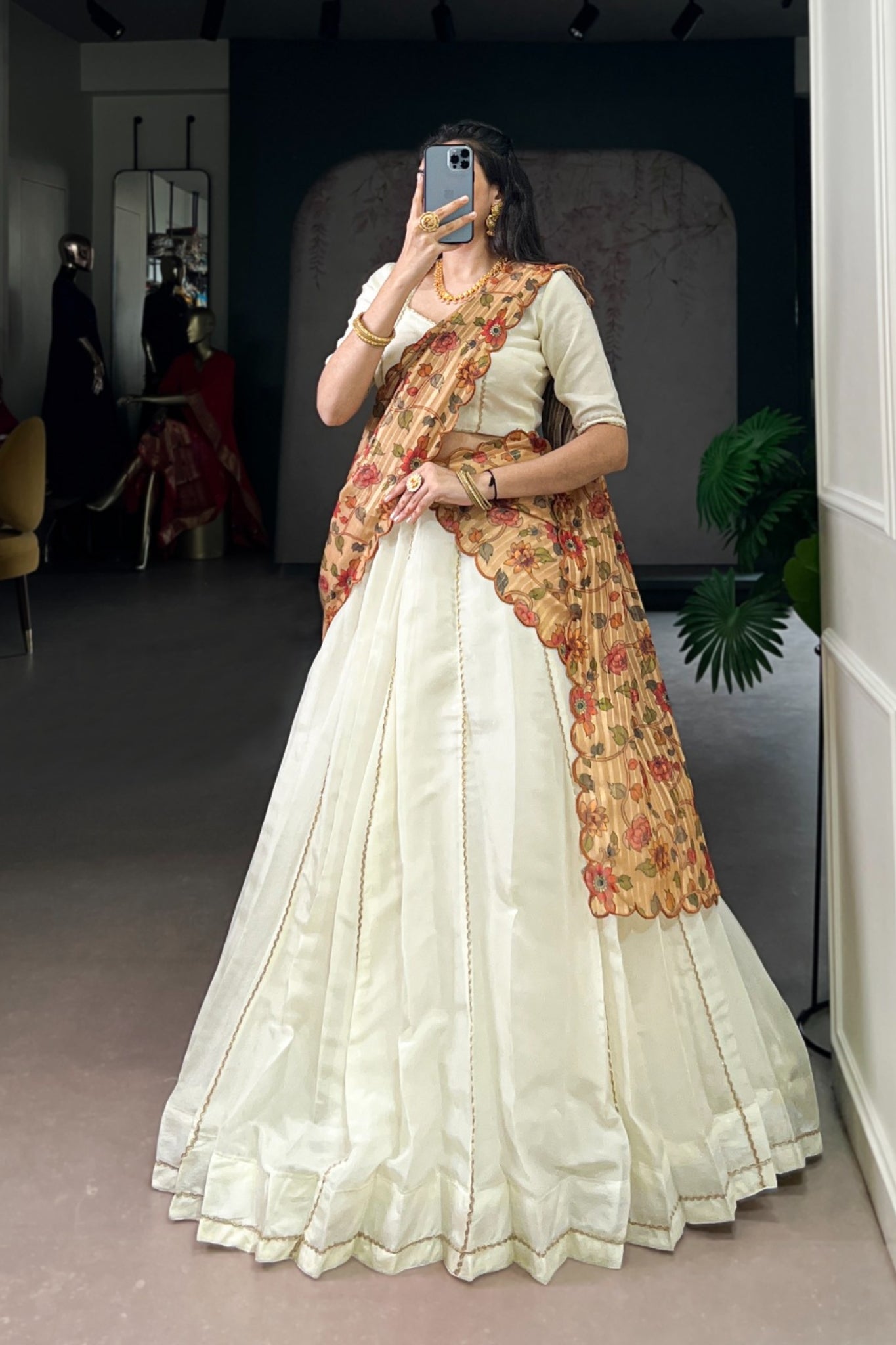 Ivory Kalamkari Handloom Kora Silk South Indian Lehenga Set