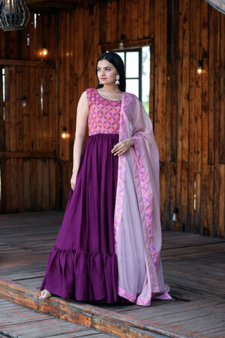 New Ready Made Sequins Work With Printed Gown With Dupatta