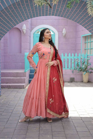 The Beauty of Georgette Embroidered Threadwork Gown with Dupatta