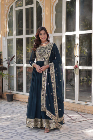 Fancy Faux Blooming with Embroidery Zari Sequins work Gown Set