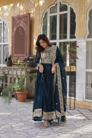Fancy Faux Blooming with Embroidery Zari Sequins work Gown Set