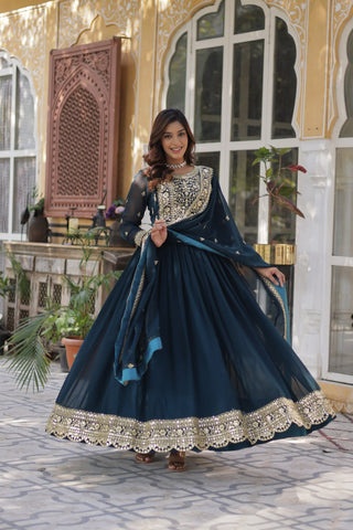 Fancy Faux Blooming with Embroidery Zari Sequins work Gown Set
