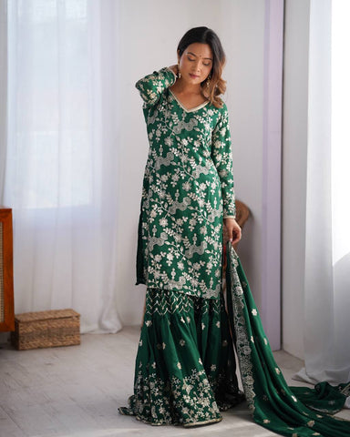 Stunning Chinon Silk with thread & Sequence work Sharara Suit Set