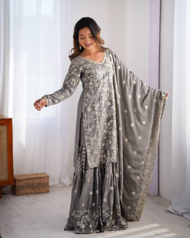 Stunning Chinon Silk with thread & Sequence work Sharara Suit Set