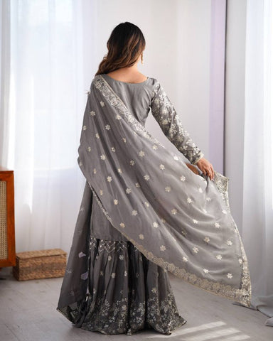 Stunning Chinon Silk with thread & Sequence work Sharara Suit Set