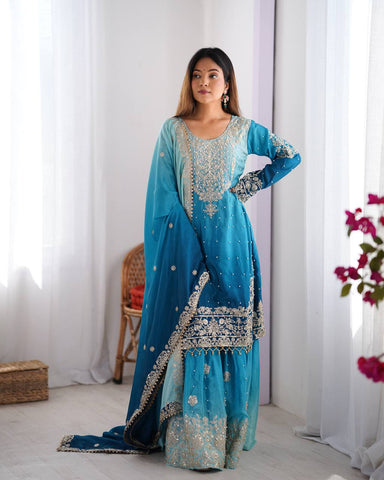 Premium Chinnon Silk with Coding Dori with Sequence with Rivet Moti Work Fancy Suit Set