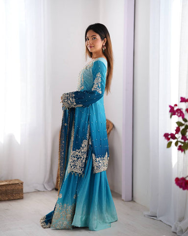 Premium Chinnon Silk with Coding Dori with Sequence with Rivet Moti Work Fancy Suit Set