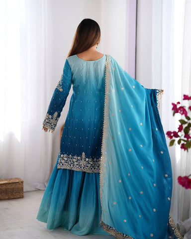 Premium Chinnon Silk with Coding Dori with Sequence with Rivet Moti Work Fancy Suit Set