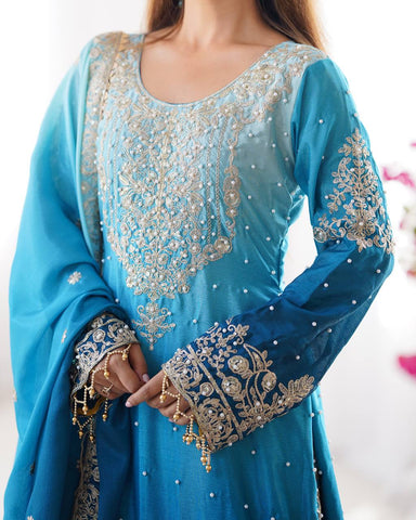 Premium Chinnon Silk with Coding Dori with Sequence with Rivet Moti Work Fancy Suit Set