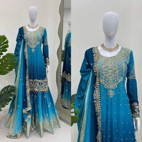 Premium Chinnon Silk with Coding Dori with Sequence with Rivet Moti Work Fancy Suit Set