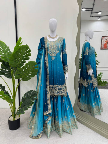 Premium Chinnon Silk with Coding Dori with Sequence with Rivet Moti Work Fancy Suit Set