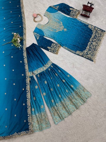 Premium Chinnon Silk with Coding Dori with Sequence with Rivet Moti Work Fancy Suit Set