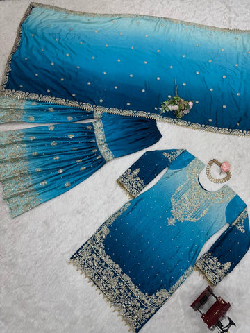 Premium Chinnon Silk with Coding Dori with Sequence with Rivet Moti Work Fancy Suit Set
