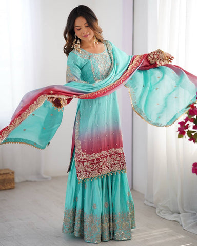 Premium Chinnon Silk with Coding Dori with Sequence with Rivet Moti Work Fancy Suit Set