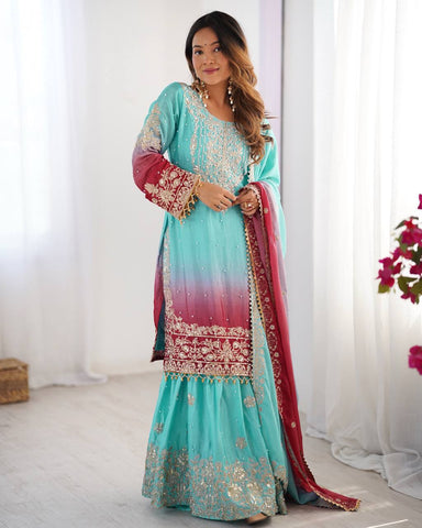 Premium Chinnon Silk with Coding Dori with Sequence with Rivet Moti Work Fancy Suit Set