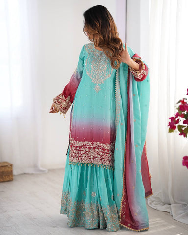 Premium Chinnon Silk with Coding Dori with Sequence with Rivet Moti Work Fancy Suit Set