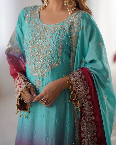 Premium Chinnon Silk with Coding Dori with Sequence with Rivet Moti Work Fancy Suit Set