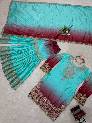 Premium Chinnon Silk with Coding Dori with Sequence with Rivet Moti Work Fancy Suit Set