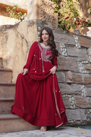 Heavy Faux Blooming With Sequins-Multi & Beads Embroidered Work Gown Set