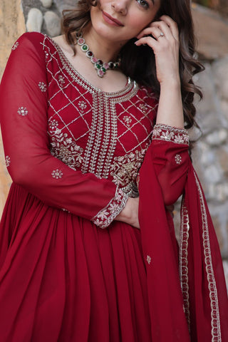 Heavy Faux Blooming With Sequins-Multi & Beads Embroidered Work Gown Set