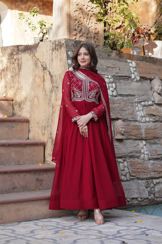 Heavy Faux Blooming With Sequins-Multi & Beads Embroidered Work Gown Set