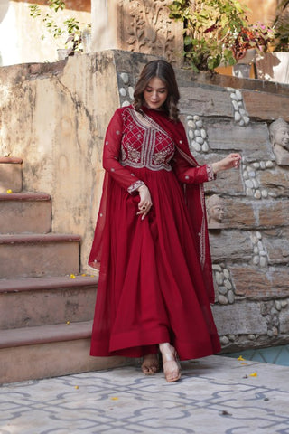 Heavy Faux Blooming With Sequins-Multi & Beads Embroidered Work Gown Set