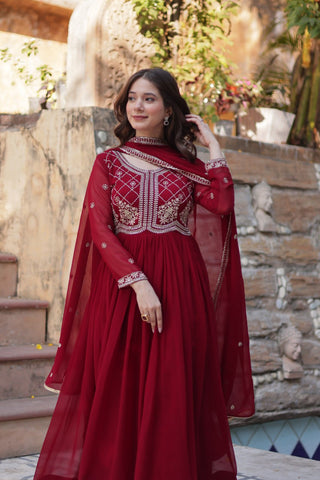 Heavy Faux Blooming With Sequins-Multi & Beads Embroidered Work Gown Set